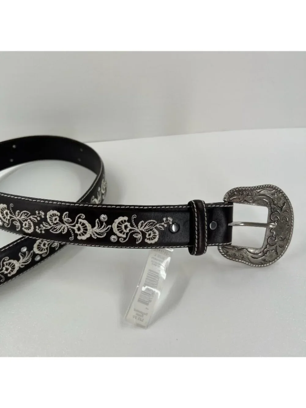 Shyanne Floral Embroidered Crystal Western Belt Sz L Silver Buckle Leather Brown